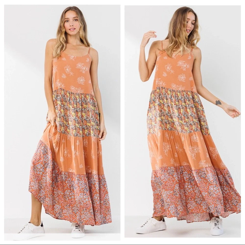 Boho Fabulous Floral Color Block Tiered Maxi dress - Picture 4 of 4